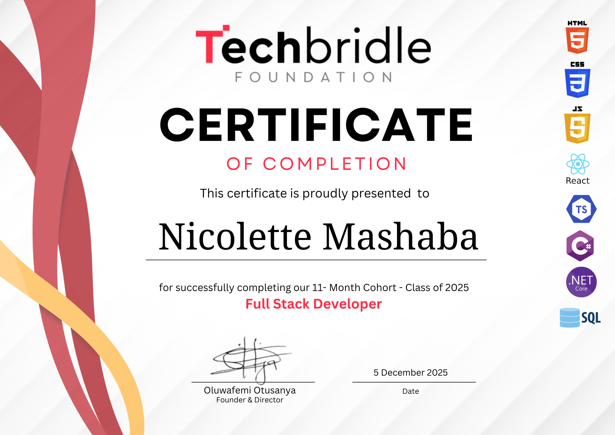 Nicolette Mashaba certificate